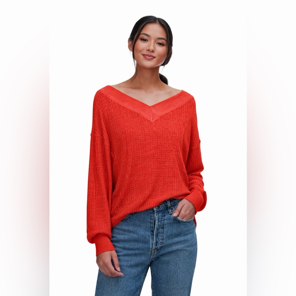 We The Free Red‎ Waffle Knit Thermal V Neck Slouchy Lightweight Top XS